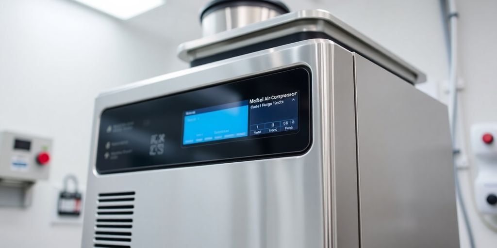 Compressor de ar medicinal moderno em ambiente hospitalar.