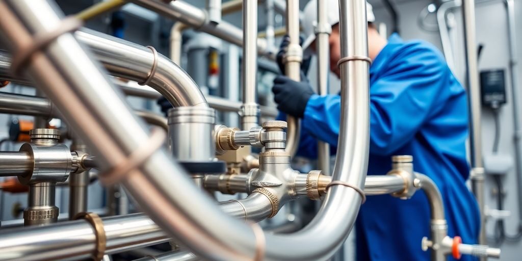 Instaladores trabalhando com tubulações de gases medicinais.