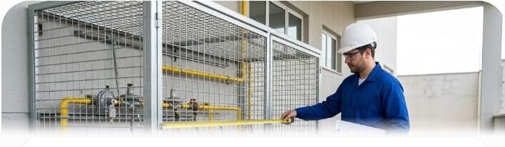 Engenheiro analisa dimensionamento de central de GLP predial com cilindros protegidos por grade