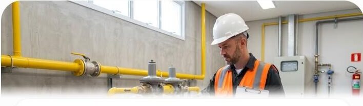 Engenheiro inspeciona tubulação de gás em vistoria técnica pós-obra de prédio novo