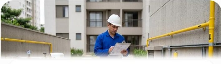 Engenheiro compara instalação de central de GLP e ponto de entrada de gás natural em prédio residencial