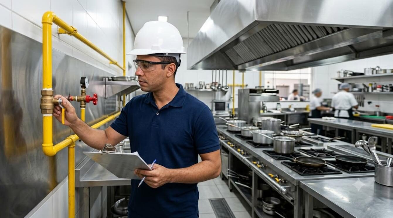 Engenheiro da Engethink inspecionando registro e tubulação amarela de gás em cozinha industrial, durante projeto de gás para cozinha industrial em Belo Horizonte