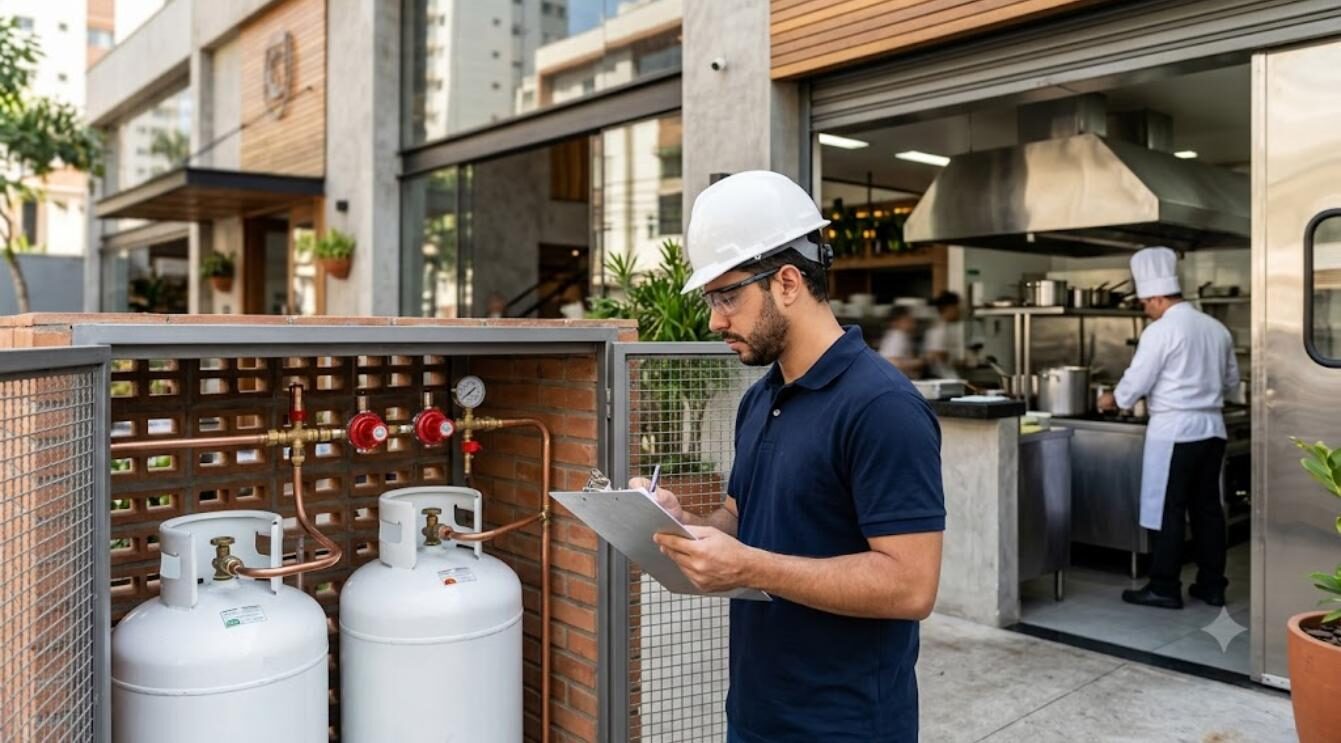 Engenheiro da Engethink verificando central de GLP com cilindros P-45 e reguladores de pressão em restaurante, no projeto de gás para restaurante em Belo Horizonte