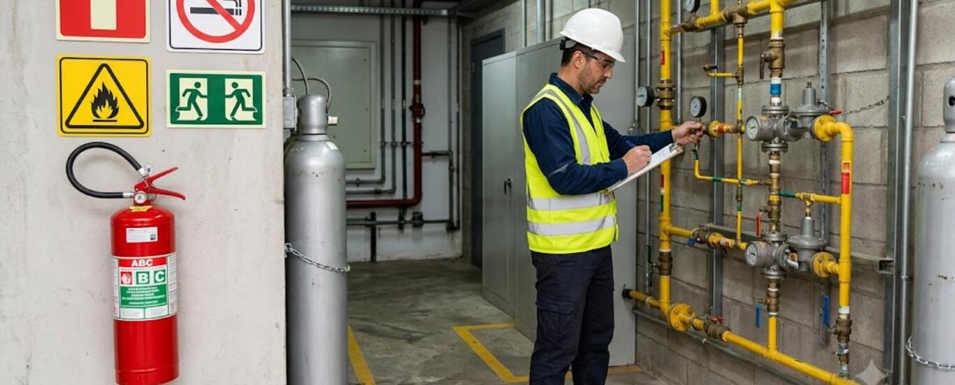 Engenheiro inspecionando central de gás de prédio com extintor e placas de sinalização conforme IT do Corpo de Bombeiros de MG