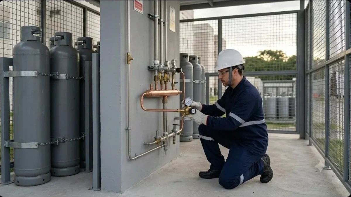 Engenheiro conferindo manômetro e reguladores em central de GLP de condomínio com cilindros fixados