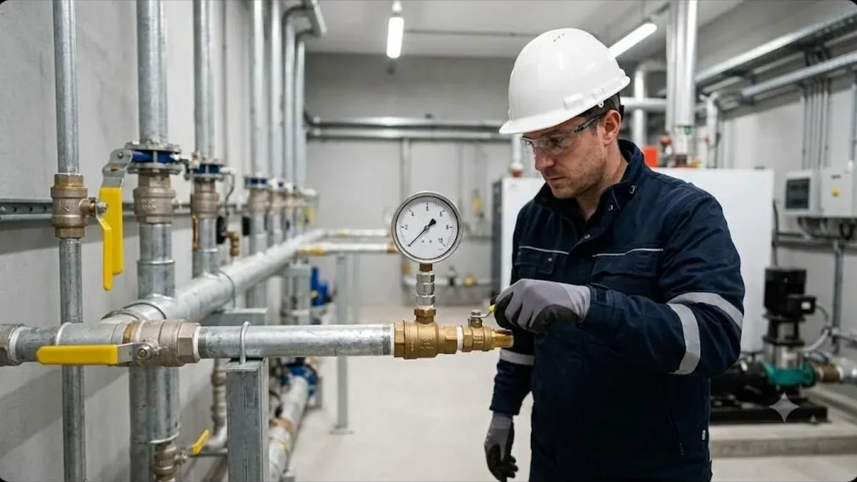 Engenheiro com EPI verificando manômetro durante teste de pressão em tubulação de gás predial